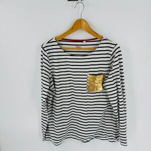 Boden Navy White Breton Striped  Sequin Pocket‎ T-Shirt Size 14 Nautical Preppy